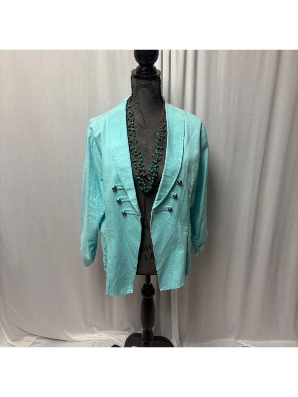 Vanity Aqua Blue Open-Front Blazer Womens Size XL Lace Panels Jacket Y2K